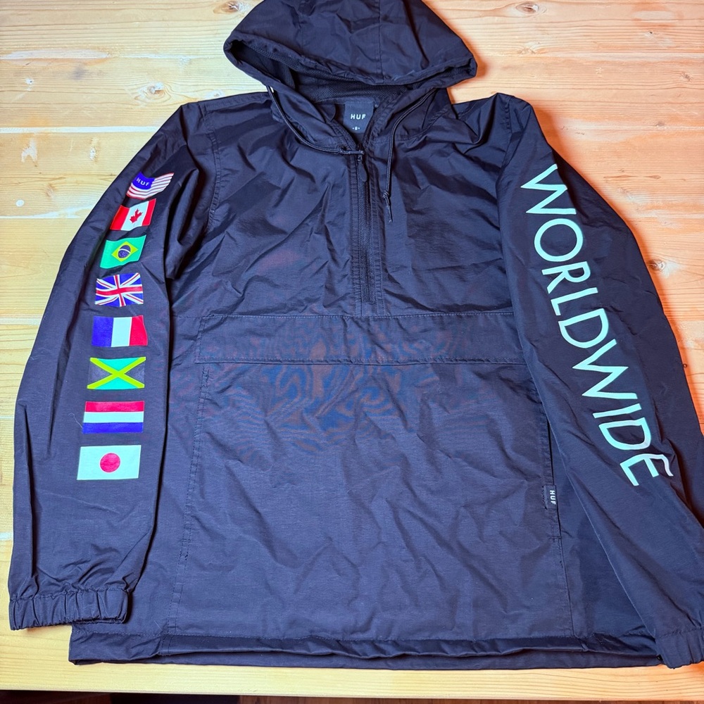 HUF Worldwide Mens Black Anorak Windbreaker Jacket Flags Graphic Small